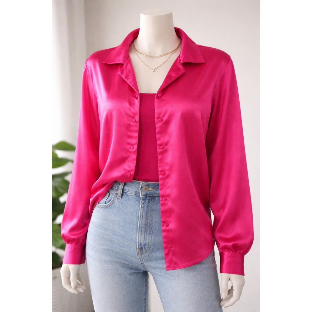 Vintage Y2K Lord & Taylor Hot Pink Satin Blouse S Barbiecore Glam Top It Girl